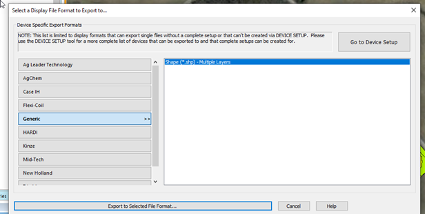 Select a File Format to Export to: Select Generic>Shape>Multiple Layers